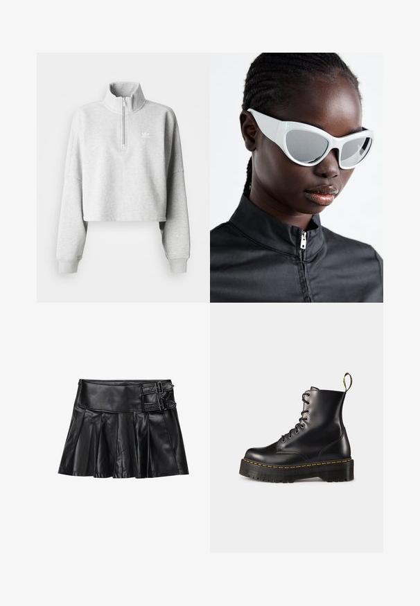 Lys grå croppet hettegenser med høy krage og halv glidelås. Har løse ermer og en liten hvit logo på brystet. Laget av en bomullsblanding.; Svart skinnskjørt med folder, bred midje og to spenne-detaljer på siden. Glatt tekstur med en blank overflate.; Svart lær snørebånd ankelskinnsko med en kraftig svart såle og gule sting. Har en pull-tab bak og runde metalløyer.; Hvite solbriller med et dristig, overdimensjonert design og speilglass, med glatte plastinnfatninger og fremhevede kurver.