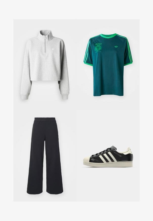 Ανοιχτό γκρι κοντό sweatshirt με ψηλό γιακά και μισό φερμουάρ. Διαθέτει φαρδιές μανσέτες και ένα μικρό λευκό λογότυπο στο στήθος. Υλικό από μείγμα βαμβακιού.; Τεαλλί μπλούζα βαμβακερή με πράσινες λεπτομέρειες, διαθέτοντας στρογγυλή λαιμόκοψη, ραμμένα μανίκια και τυπωμένο λογότυπο της Adidas στο στήθος και στο μανίκι.; Μαύρα ανοιχτά παντελόνια φόρμας από μαλακό υλικό, με ελαστική μέση και μικρό λογότυπο στην αριστερή πλευρά.; Μαύρα δερμάτινα sneakers με λευκές ρίγες, καουτσούκ προστατευτικό στην μύτη, μαύρα κορδόνια και κρεμ outsole. Λείος υφής με γυαλιστερή φινίρισμα.