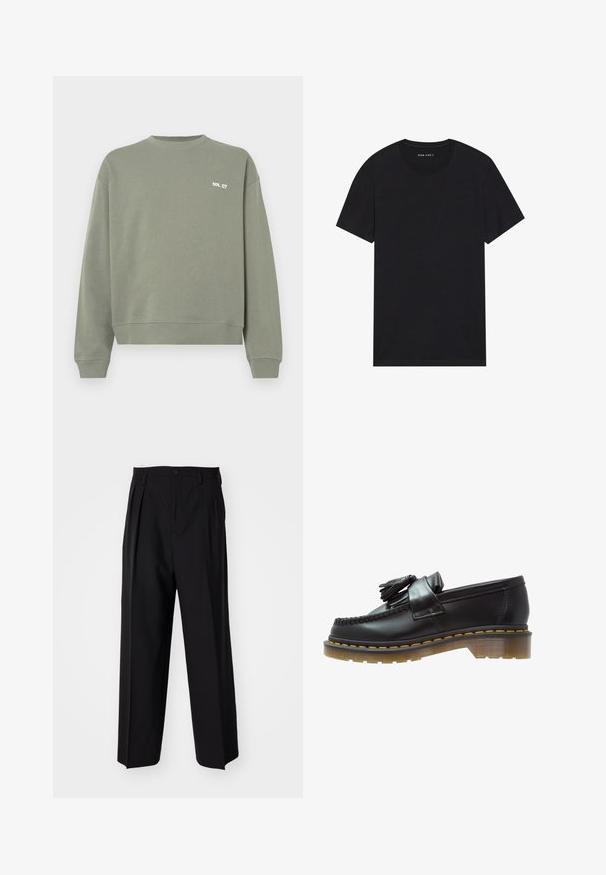 Olijfgroene sweatshirt van katoen, met een ronde hals, geribde manchetten en een klein wit tekstlogo op de borst.; Zwarte katoenen t-shirt met korte mouwen en een ronde hals. De stof heeft een gladde textuur en een eenvoudig, effen ontwerp.; Zwarte geplooide broeken met een rechte, brede pijpontwerp. Gemaakt van soepele stof, met een knoopsluiting en riemlussen.; Zwarte leren instappers met een gestructureerde afwerking, voorzien van een decoratieve kwast en contrasterende gele stiksels, op een chunky, transparante zool.