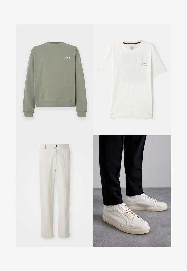 Olijfgroene sweatshirt van katoen, met een ronde hals, geribde manchetten en een klein wit tekstlogo op de borst.; Witte katoenen t-shirt met korte mouwen, met een klein zwart gedrukt logo op de borst en een gekleurde streep aan de binnenkant van de halslijn.; Beige recht gesneden broek met riemlussen, voorknop en ritsluiting, plat weergegeven op een witte achtergrond.; Lichtbeige leren sneakers met platte veters, een gestructureerd oppervlak en een contrasterende crème-kleurige rubberen zool, gecombineerd met zwarte taps toelopende broek.