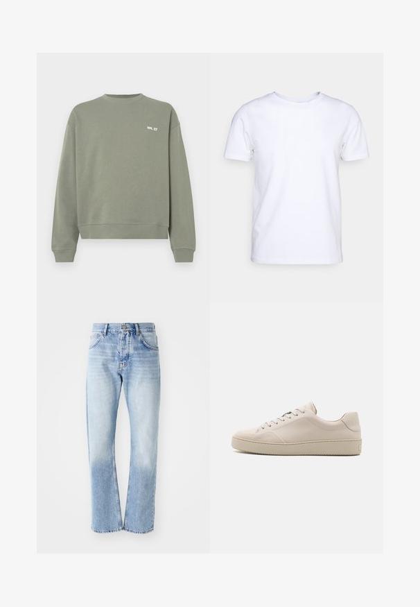 Sweatshirt vert olive en coton, avec un col rond, des poignets côtelés et un petit logo en texte blanc sur la poitrine.; T-shirt blanc à manches courtes en tissu de coton avec un col rond. Design simple sans motifs ni accents. Texture lisse.; Jean en denim bleu clair avec une coupe droite. Présente un design à cinq poches, un zip, et une texture décolorée vers le bas.; Baskets en cuir beige avec une finition lisse, bout rond, semelle plate et design classique à lacets. Des accents de couture subtils et une semelle extérieure texturée.