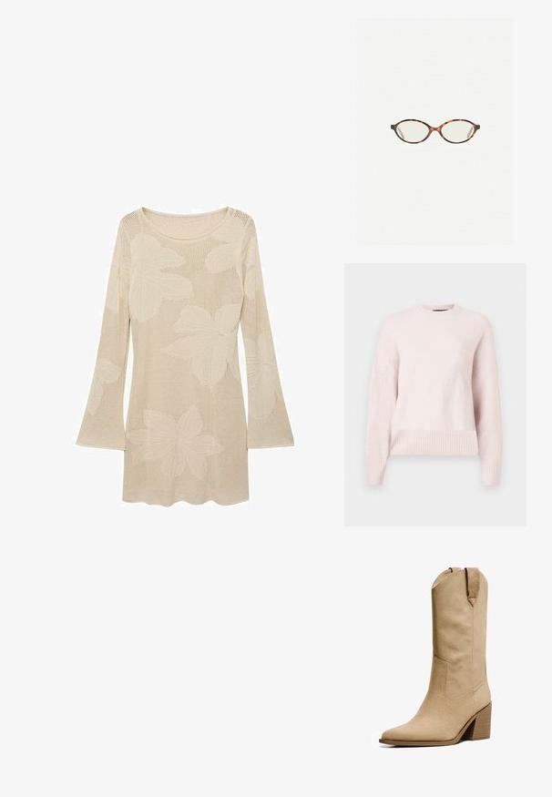 Ljusrosa tröja med rund halsringning och ribbade mudd. Tyget verkar mjukt och mysigt, lämpligt för avslappnad användning.; Beige stickad tröja med långa ärmar och rundad halsringning, med stora bladmönster och en nätliknande textur. Förstärkt med utsvängda ärmar.; Bershka HIGH-HEEL - Cowboy- / Bikerboots - beige; Sköldpaddsmönstrade glasögon med ovala linser och en elegant, slät yta. Har tunna sidor med en subtil kurva vid tinningarna. Klara linser.