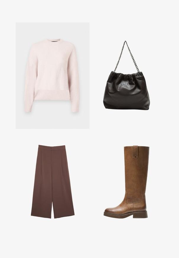 Jasnoróżowy sweter z okrągłym dekoltem i prążkowanymi mankietami. Materiał wydaje się miękki i przytulny, idealny na codzienne noszenie.; Brązowe spodnie o szerokich nogawkach z gładką fakturą, z wysokim stanem i plisami z przodu. Materiał jest lekki i luźno opada.; Brązowe skórzane wysokie buty do kolan z okrągłym noskiem, teksturowaną powierzchnią i niskim piętrem o warstwowej budowie. Posiadają boczną wstawkę oraz pętelkę na górze.; Brązowa skórzana torba z marszczonym szczytem i łańcuszkowym paskiem. Gładka tekstura z błyszczącym wykończeniem i subtelnymi detalami szwów po bokach.