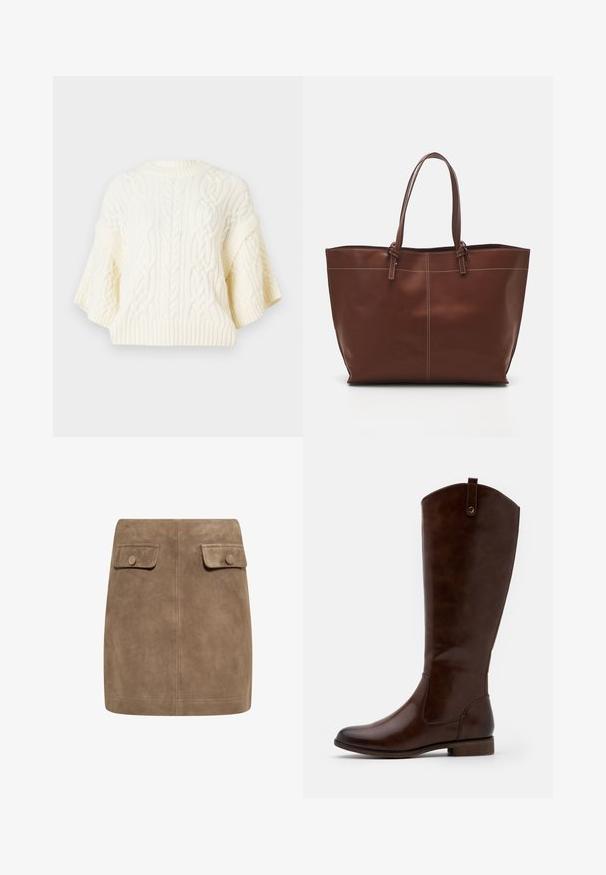 Balta megzta svajone su kabelių raštais, plačiomis trumpomis rankovėmis ir riešutiniu apdailu. Tekstūruotas audinys su minkštu paviršiumi.; Ruda zomšinė mini sijonas su lygiu paviršiumi, turintis dvi priekinės kišenes su atverčiamais dangteliais ir mygtukų užsegimus kiekvienoje pusėje. Paprasta, tiesi konstrukcija.; Rudi iki iki iki tamsiai rudos odos, su apvaliu kojų pirštu, žemu storžieviu kulnu ir subtilia siūlų rašto linija šonuose.; Ruda odinės rankinės su dviem rankenomis, pasižymi kontrastingomis siūlėmis ir erdviu dizainu, tinkama kasdieniam naudojimui.