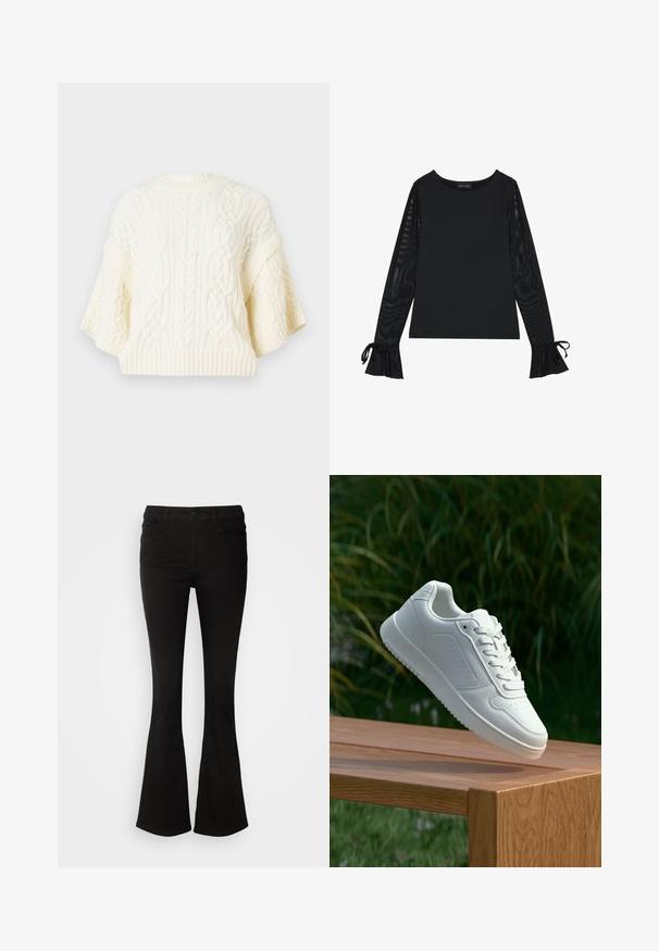 Witte gebreide trui met kabelpatronen, brede korte mouwen en ribbelboord. Gestructureerde stof met een zachte uitstraling.; Zwarte top met een solide lichaam en doorschijnende, uitlopende mouwen. Heeft strikaccenten bij de manchetten. Gemaakt van een gladde stof met een getailleerd ontwerp.; Zwarte flarebroek van rekbare stof, met een tailleband met riemlussen en voorzakken, een zachte textuur en een getailleerde pasvorm tot de knie.; Witte sneaker met een gladde synthetische bovenkant, geperforeerde neus, platte veters en een gestructureerde zool, tentoongesteld op een houten oppervlak.
