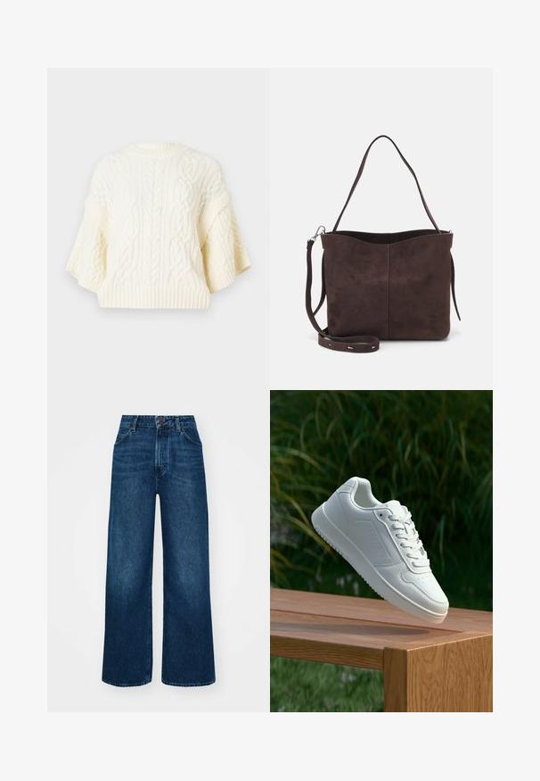 Hvit strikket genser med kabelmønster, vide korte ermer og ribbestrikket hem. Teksturert stoff med en myk utseende.; Høyt liv, vide jeans i mørk blå denim med en jevn tekstur, kontrastsøm og fem-lommers design. Frontlukkning med knapp.; Hvite sneakers med en glatt syntetisk overdel, perforert tåboks, flate snørebånd og en teksturert såle, vist på en treflate.; Brun semsket stoff tote-veske med en myk tekstur, som har en enkelt skulderrem og en subtil buet toppåpning. Ingen synlige maskindetaljer.