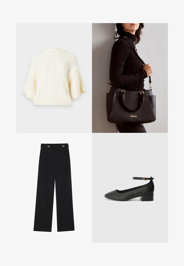 White knitted sweater with cable patterns, wide short sleeves, and ribbed hem. Textured fabric with a soft appearance.; Black wide-leg trousers with high waist, button details on waistband, and front pleats.; Black leather pump with a pointed toe and a low block heel. Features an ankle strap with a gold-tone buckle. Smooth texture.; Black handbag with textured surface, dual top handles, and adjustable shoulder strap. Features gold-tone hardware and side pockets.