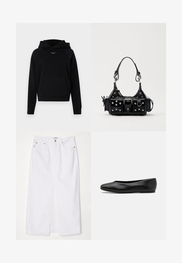 Sudadera negra de tela suave, con un bolsillo canguro en el frente, puños acanalados y un detalle de logotipo en blanco encima del bolsillo.; Falda de mezclilla blanca con abertura frontal, diseño de cinco bolsillos, cierre de botón metálico y cremallera, y detalles de dobladillo cosido.; Paul Smith TOPANGA - Bailarinas - black; Bolso de mano de cuero negro con un diseño curvado, que cuenta con tachuelas plateadas, una hebilla y dos bolsillos laterales. Correa ajustable para opciones de transporte.