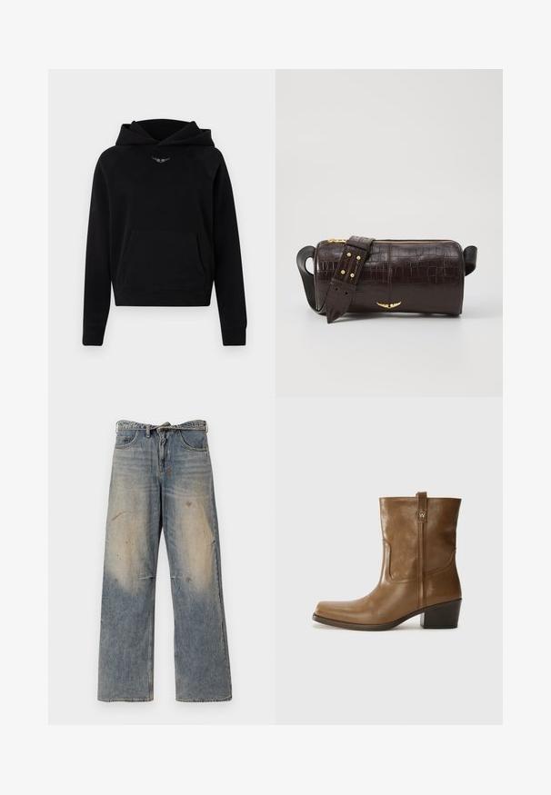 Černá mikina s kapucí vyrobená z měkké tkaniny, s přední klokankou, žebrovanými manžetami a bílým detailem loga nad kapsou.; Světle modré džíny vyrobené z denimu s volným, rovně střiženým designem. Obsahují efekt blednutí, opotřebování a poškozené detaily v oblasti kolen. Klasický pětigrecký styl.; Hnědé kožené kotníkové boty se čtveratou špičkou, texturovaným povrchem a nízkým zvýšeným podpatkem. Mají zadní poutko na obouvání a jemné prošívání.; Hnědá kabelka z krokodýlí kůže s embosováním, cylindrického tvaru, se zlacenými kovovými prvky a odnímatelným popruhem se hroty.