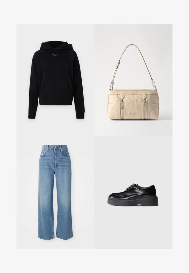 Crna dukserica od mekanog materijala, s prednjim kengurskim džepom, rebrastim manžetama i bijelim logotipom iznad džepa.; Svijetloplavi traperice s visokim strukom, širokim nogavicama i sirovim rubom. Ima tradicionalni dizajn s pet džepova i zatvaranje s gumbom u srebrnoj boji.; Crne kožne cipele s okruglim vrhom, debelim platformama i ukrasnim vezicama. Glatka tekstura i kontrastni šavovi su vidljivi.; Bež ženska torba od kože sa srebrnim detaljima, dva bočna zipa, strukturirani dizajn i uklonjiva traka za svestranost.