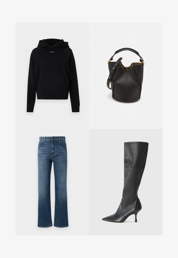 Fekete kapucnis pulóver puha anyagból, elöl kenguruzsebbel, bordázott mandzsettákkal és fehér logóval a zseb felett.; Sötétkék farmernadrág, egyenes lábbal, öt zsebes kialakítással, gombos záródással és diszkrét varrási részletekkel.; Térd fölötti fekete bőr csizmák hegyes orral és karcsú stiletto sarkal. Simább textúrájúak, jól illeszkedő kialakítással és varrással a tetején.; Fekete bőr vödör táska texturált felülettel, arany hardware részletekkel és nyitott tetejével. Rövid fogantyúval és állítható vállpánttal rendelkezik.