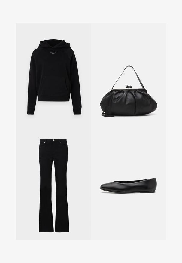 Czarna bluza z kapturem, wykonana z miękkiej tkaniny, z przednią kieszenią typu kangur, żebrowanymi mankietami oraz białym logo umieszczonym nad kieszenią.; Czarne dzwony z denimu, z dwoma przednimi kieszeniami, zapięciem na guzik i gładką fakturą. Widoczne charakterystyczne szycie na szwach.; Paul Smith TOPANGA czarny; Czarna skórzana torebka o zaokrąglonym, plisowanym wzorze. Posiada metalowy zamek z dwoma dekoracyjnymi kulkami oraz smukły, odpinany pasek.