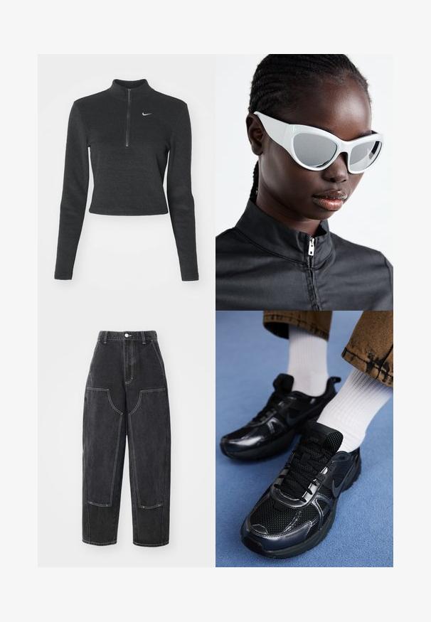 Czarny, krótki sweatshirt Nike z wysokim kołnierzem, długimi rękawami i zamkiem błyskawicznym z przodu. Posiada małe, białe logo Nike na klatce piersiowej. Miękka tekstura.; Czarne dżinsowe spodnie o luźnym kroju, z kontrastowymi szwami, dwoma przednimi kieszeniami oraz wysokim stanem. Tkanina jest gładka z delikatnym połyskiem.; Czarne buty sportowe Nike mają siateczkową cholewkę z błyszczącymi akcentami, czarne sznurówki i teksturowaną podeszwę. Połączone z białymi, prążkowanymi skarpetami.; Białe okulary przeciwsłoneczne o wyrazistym, przerośniętym designie i lustrzanych soczewkach, charakteryzujące się gładkimi plastikowymi oprawkami i akcentowanymi krzywiznami.; Srebrne kolczyki na kółkach o polerowanym wykończeniu, z okrągłym wzorem i bezszwowymi zawiasami, charakteryzujące się gładką teksturą.