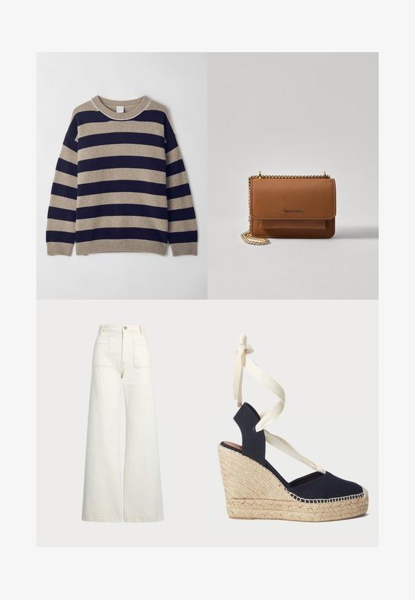 Randig tröja i beige och marin, tillverkad av mjukt material. Har en rundad halsringning, sänkta axlar och ribbade muddar och nederkant.; Vida jeans i off-white denim. Hög midja med knappstängning, två framfickor och kontrastsömnadsdetaljer.; Marinblå canvas kilklackssandal med espadrille-repsula och krämfärgade bandknytningar runt ankeln. Stängd häl och rund tådesign.; Brun texturerad läder crossbody-väska med guldkedja och klaffstängning. Framsidan har logotypdetalj och en ficka under klaffen.