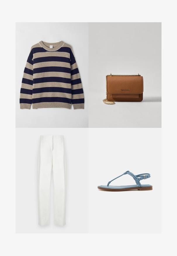 Csíkos bézs és tengerészkék pulóver, puha anyagból készült. Kerek nyakkivágással, ejtett vállakkal és bordázott mandzsettákkal és szegéllyel rendelkezik.; Paul Smith Nadrágok - white; Kék bőr pántos szandál lapos talppal, vékony pánt dizájnnal és csatos záródással a bokán a biztos illeszkedés érdekében.; Barna textúrájú bőr keresztbody táska arany lánc pánttal és fedélzárral. Az elején logó részlet és egy zseb található a fedél alatt.