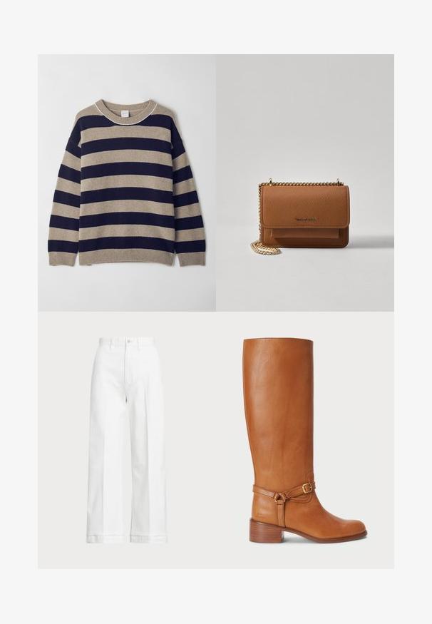 Prugasta jopica v bež in mornarsko modri barvi, izdelana iz mehke tkanine. Ima okroglo ovratnik, spuščena ramena ter rebraste manšete in rob.; Bele široke hlače z visokim pasom, ki imajo gumbasto zapiranje in diskretne šive. Narejene so iz bombaža z gladko teksturo.; Visoke rjave usnjene škornje z gladko površino, ki imajo stranski pas z zaponko in nabraljen pet. Zgornji del ima čist, neokrasen dizajn.; Rjava teksturirana usnjena torba čez ramo z zlatim verižnim trakom in zapiranjem na pokrov. Spredaj je vidna podrobnost logotipa in žep pod pokrovom.