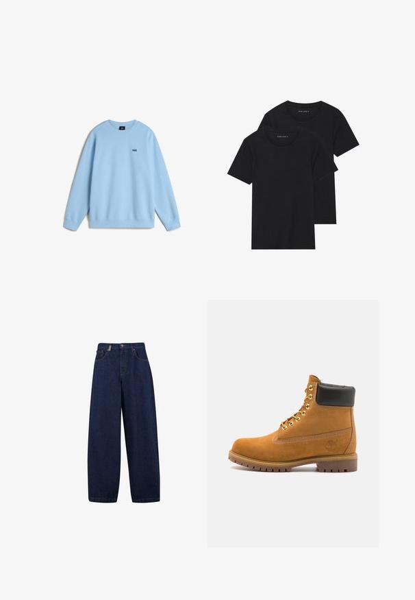 Světle modrý svetr vyrobený z měkké tkaniny, s kulatým výstřihem a dlouhými rukávy. Malé černé logo "VANS" na hrudi. Volný střih.; Dvě černé bavlněné tričko s krátkým rukávem, kulatým výstřihem a hladkou texturou, vystavené naskládané k sobě.; Volné tmavě modré džíny s vysokým pasem, předními kapsami a rovnými nohavicemi. Obsahují stříbrné detaily a minimální šití.; Hnědé semišové kotníkové boty s černým polstrovaným límcem, zlatými kovovými očky, bílým prošíváním a odolnou gumovou podrážkou s výraznými drážkami.