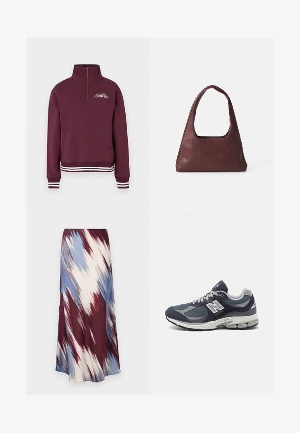 Burgundy pullover sweatshirt, high collar with half zipper, white striped ribbed cuffs and hem, features a scripted logo on the chest.; Long skirt featuring a diagonal tie-dye pattern in burgundy, blue, and cream, made of soft fabric with a flowing silhouette and slight sheen.; New Balance sneakers with a navy mesh and suede upper, gray accents, white logo, cushioned sole, and textured detailing.; Burgundy leather handbag with a triangular shape, open top, and braided detail along the handle. Smooth texture with a matte finish.