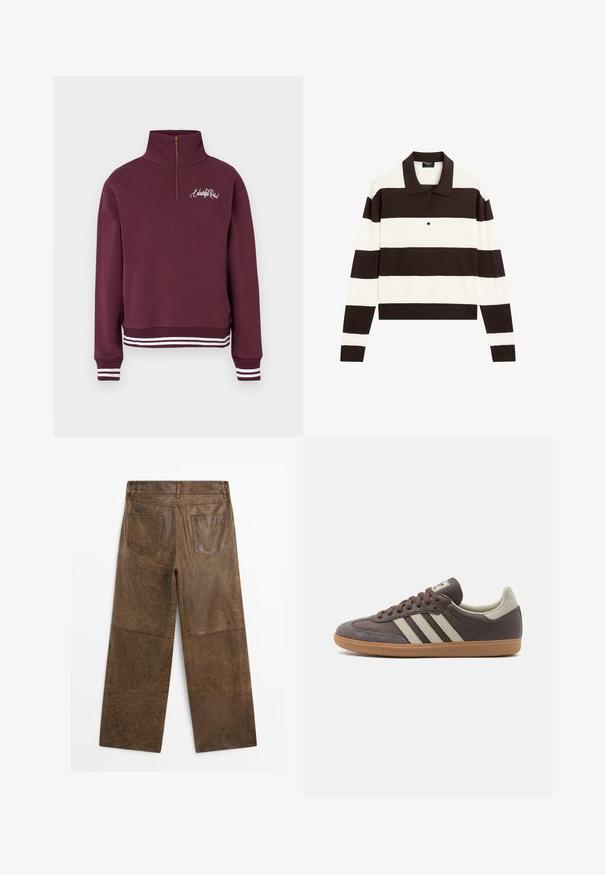 Felpa bordeaux con collo alto e mezza cerniera, polsini e orlo a costine con strisce bianche, presenta un logo scritto sul petto.; Polo a maniche lunghe con righe orizzontali alternanti marrone scuro e bianche, colletto e pattina con bottoni. Realizzato in tessuto morbido.; Pantaloni larghi in pelle marrone con due tasche posteriori e cuciture visibili, mostrati da dietro su uno sfondo bianco.; Sneaker in pelle marrone con tre strisce chiare, suola in gomma, punta arrotondata e dettagli in suede texture sul tallone e sulla punta.
