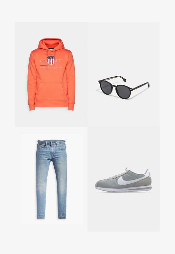 GANT ARCHIVE SHIELD - Felpa con cappuccio - orange; Camicia bianca a maniche lunghe con bottoni in cotone. Presenta un colletto classico, polsini a bottone e un piccolo logo ricamato in blu navy sul petto.; Jeans slim fit blu chiaro con leggere sfumature sulle cosce, chiusura con bottone anteriore, passanti per cintura e cinque tasche su uno sfondo bianco.; Scarpa sportiva grigia con tomaia in camoscio e tessuto, swoosh Nike bianco e lacci bianchi. Presenta una suola in gomma testurizzata e un collare imbottito.; BOSS Occhiali da sole - black
