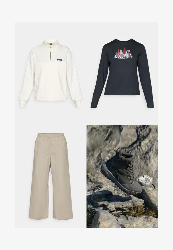 Pullover in pile color crema con colletto half-zip, maniche lunghe e piccolo logo blu di Patagonia sul petto. Superficie liscia.; Maglietta a maniche lunghe grigia scura con una grafica di alberi rossi e montagne; logo "COLUMBIA" in caratteri bianchi in grassetto. Tessuto morbido, scollatura a girocollo standard.; Pantaloni a gamba larga in tessuto beige chiaro con vita elastica, superficie liscia e senza hardware visibili o motivi.; Stivale da trekking grigio scuro realizzato in materiale sintetico, con colletto imbottito, occhielli in metallo e suola in gomma testurizzata per una migliore aderenza.