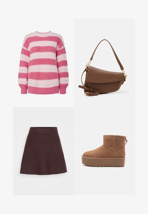 Light pink and dark pink striped sweater, made of textured fabric, featuring a crew neck and ribbed cuffs.; Burgundy knit skirt with a flared design, wide waistband, and smooth texture, featuring a solid color without patterns or accents.; Tan suede ankle boot with a platform sole, rounded toe, and stitching accents; features a pull tab at the back for easy wear.; Brown leather shoulder bag with a textured finish, curved shape, gold-tone hardware, adjustable strap, and flap closure.