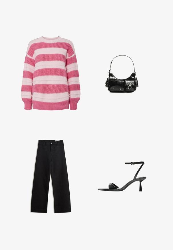 Svijetloružičasti i tamnoružičasti prugasti pulover, napravljen od teksturirane tkanine, sa okruglom izrezom i rebrastim manžetama.; Crne široke traperice s visokim strukom, s prednjim i stražnjim džepovima, šivenim šavovima i kopčanjem na gumb. Glatka tekstura.; Bershka Sandale s visokom petom - black; Crna patentna kožna torba s zakrivljenim oblikom, jednim remenom za rame, prednjim džepovima i akcentima od srebrnog tona.
