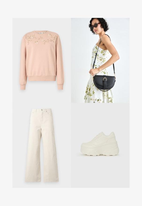 Svetloružový sveter s dlhými rukávmi, s rebrovanými manžetami a lemom, s kvetinovou výšivkou v ružovej a zelenej na prednej časti. Mäkkučká textúra.; Béžové nohavice s širšími nohavicami vyrobené z bavlny, so zapínaním na prednom tlačidle, bočnými vreckami a hladkou textúrou. Minimalistický dizajn bez vzorov.; Biele platformové tenisky s hladkým koženkovým svrchným materiálom, zaobleným tvarom, polstrovaným golierom a textúrovanou gumovou podrážkou s výrazným vzorom.; Čierna kožená kabelka s zaobleným tvarom, odnímateľným popruhom a zlatými doplnkami. Kabelka má klopu s detailom s prackou.