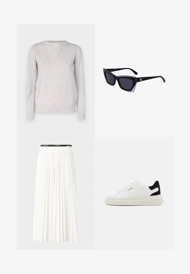 Repeat Strickpullover - snow; Faltenrock aus Weiß mit einem schwarzen elastischen Bund, der das "LACOSTE"-Logo trägt. Mittellanges Design mit weicher Textur.; Weiße Leder-Sneaker mit einer dicken weißen Sohle, schwarzem Wildlederakzent an der Ferse und geprägtem Logo an der Seite. Schnürdesign mit sechs Ösen.; Schwarze übergroße Sonnenbrille mit geometrischer Form, ausgestattet mit dunklen Gläsern und einem kontrastierenden grauen Detail im Rahmen. Logo am Bügel.