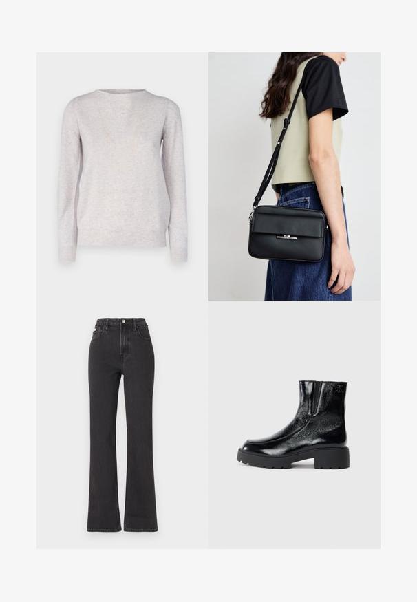 Repeat Jumper - snow; Black high-waisted flared jeans made of denim, featuring a button closure, belt loops, and side pockets. Smooth texture with minimal fading.; Black ankle boots with a glossy patent leather finish, chunky black rubber sole, and raised heel; includes subtle logo detail on the side.; Calvin Klein LINEAR CAMERA BAG - Cross body bag - black