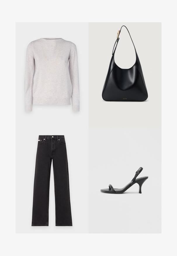 Repeat Striktrøje - snow; Sorte vidde jeans lavet af denim, med høj talje, fem-lomme stil og en metalknap lukning med kontrasterende syninger.; Sorte læder højhælede sandaler med en slank, buet hæl og et krydset stropdesign. Justerbar ankelrem. Glat tekstur.; Sort læder skuldertaske med en glat tekstur, buet silhuet og et gyldent hardware accent. Har et præget brandlogo på bunden.