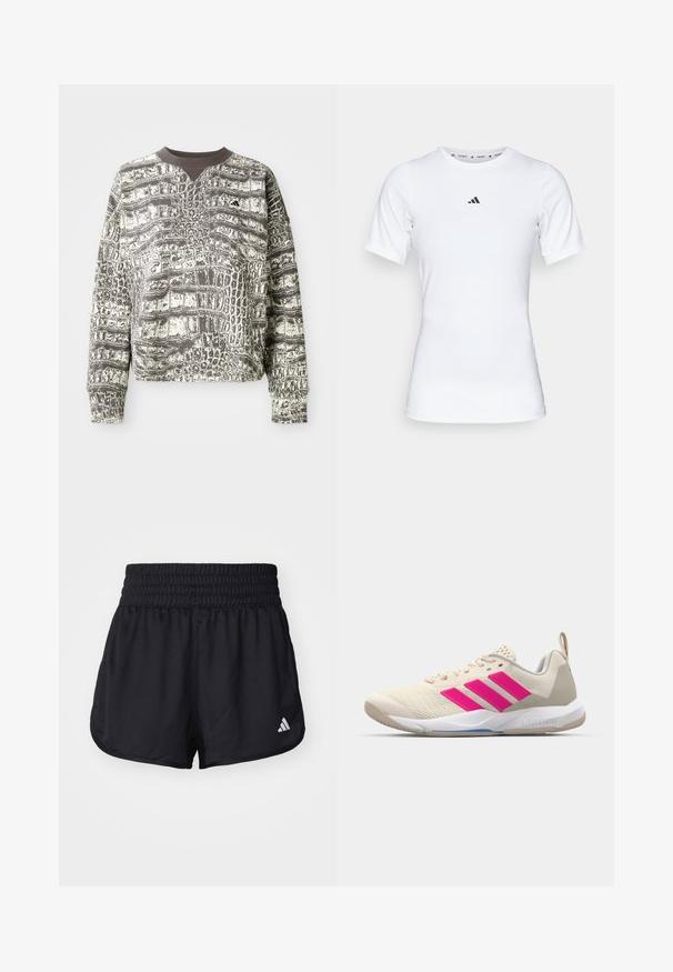 Mikina s dlouhým rukávem a kulatým výstřihem s černo-bílým vzorem aligárové kůže a malým logem Adidas na levé straně hrudi.; Bílé sportovní tričko s krátkým rukávem, vyrobené z hladké, elastické látky. Na hrudi se nachází malé černé logo Adidas.; Černé sportovní šortky s elastickým nařaseným páskem a bílým logem na pravé dolní straně. Hladký, lehký materiál.; Béžová sportovní obuv s růžovým logem tří pruhů, texturovaným síťovaným svrškem, polstrovaným límcem a bílou gumovou podešví, s označením "LIGHTSTRIKE".
