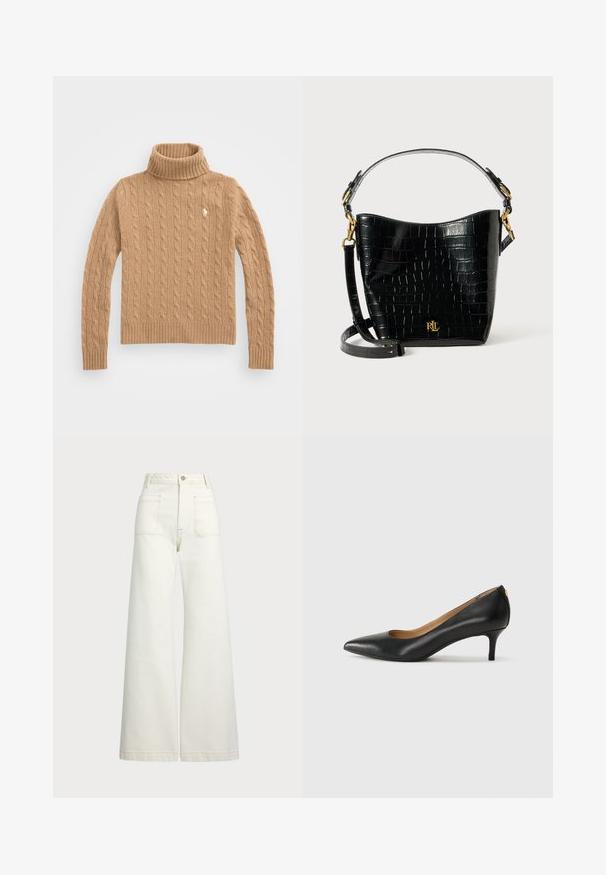 Suéter de gola alta em malha de cable beige com punhos e bainha canelados; apresenta um pequeno logótipo no peito; feito de um tecido macio e texturizado.; Jeans de perna larga em denim off-white. Design de cintura alta com fecho de botão, dois bolsos frontais e detalhes de costura em contraste.; Sapato de salto alto em pele preta com bico fino, salto baixo e textura suave. Apresenta uma ligeira abertura na parte da frente e mínima ferragem na parte de trás.; Bolsa de pele corcunda preta com textura de crocodilo, formato curvo, detalhes em metal dourado, alça ajustável e logotipo na parte da frente.