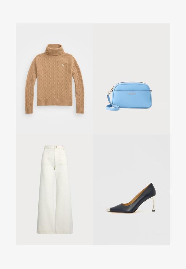 Beige kötött, garbós pulóver bordás mandzsettával és aljjal; kis logó található a mellkasán; puha, textúrált anyagból készült.; Széles szárú farmernadrág off-white denim anyagból. Magas derekú dizájn, gombos záródással, két elülső zsebbel és kontrasztos varrási részletekkel.; Tengerészkék bőrből készült magas sarkú cipő hegyes orral, ezüst metál kötéssel és fényes ezüst magas tűsarokkal.; Világoskék bőr keresztpántos táska aranyszínű fémszerelvényekkel, cipzáras záródással és elülső zsebbel. Állítható pánttal rendelkezik a kényelmes viselet érdekében.