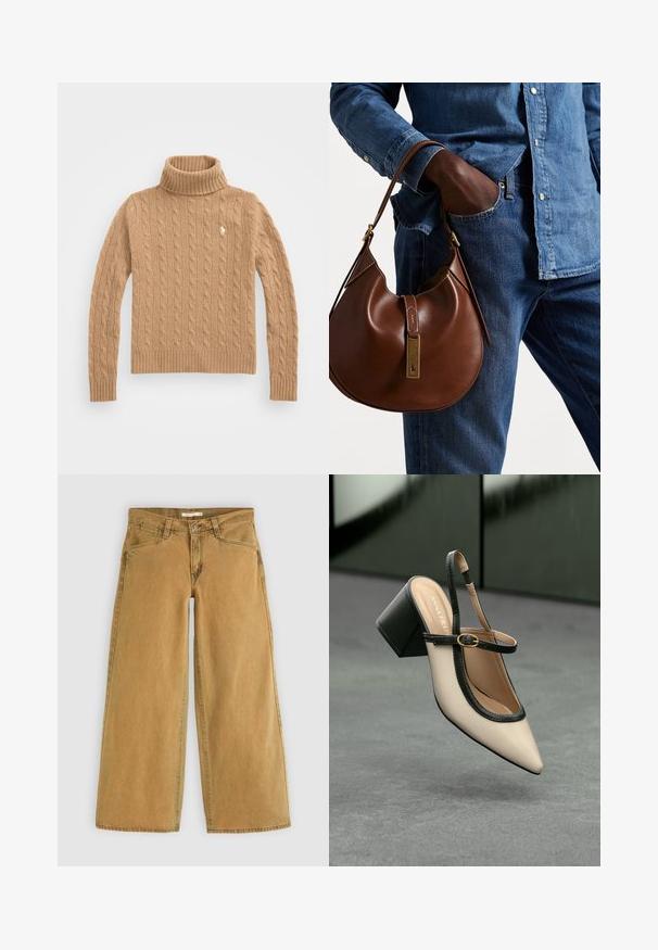 Suéter de gola alta em malha de cable beige com punhos e bainha canelados; apresenta um pequeno logótipo no peito; feito de um tecido macio e texturizado.; Calças de ganga castanhas de pernas largas com um elevado, apresentando um fecho de botão na frente, cinco bolsos e um acabamento ligeiramente desgastado.; Sandal de biqueira pontuda em bege com acabamento preto, fivela dourada e um salto bloco sólido, em um chão cinza com fundo verde escuro.; Bolsa hobo de couro castanho com forma arredondada, apresentando um acabamento em metal dourado e costura em contraste. Combinada com uma camisa de ganga e jeans.