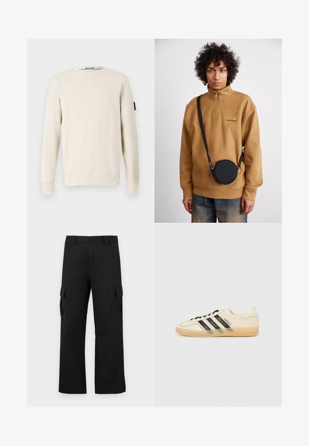 Beige crewneck sweatshirt lavet af blødt stof, med lange ærmer og et lille sort logo på venstre ærme.; Sorte cargo bukser med lige ben-design. Lavet af slidstærkt stof, med to sidelommer med klaplukninger og lukning med knap.; Lys cremefarvet sneaker med sort tre-stribe-design, tekstureret overdel, rund tå og gummisål. Har snørebånd og branding på siden.; Brun fleece sweatshirt med kvart lynlås og broderet logo, iført en sort rund crossbody taske med lynlås og logodetalje over denim.
