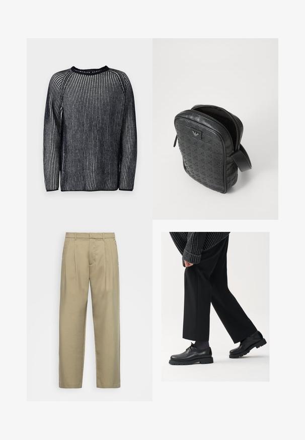 Knit pullover sweater with navy and white vertical stripes, round neckline, and long sleeves. Features a ribbed texture and raglan design.; Beige, high-waisted trousers with a straight cut, featuring a flat front, side pockets, and a smooth, textured fabric.; Black leather shoes with a rounded toe, lace-up design, and thick, textured sole. Worn with tailored black trousers and a ribbed sweater.; Black, textured leather bag with a geometric pattern, rectangular shape, top zipper, and a short handle. Features a logo patch on the front.