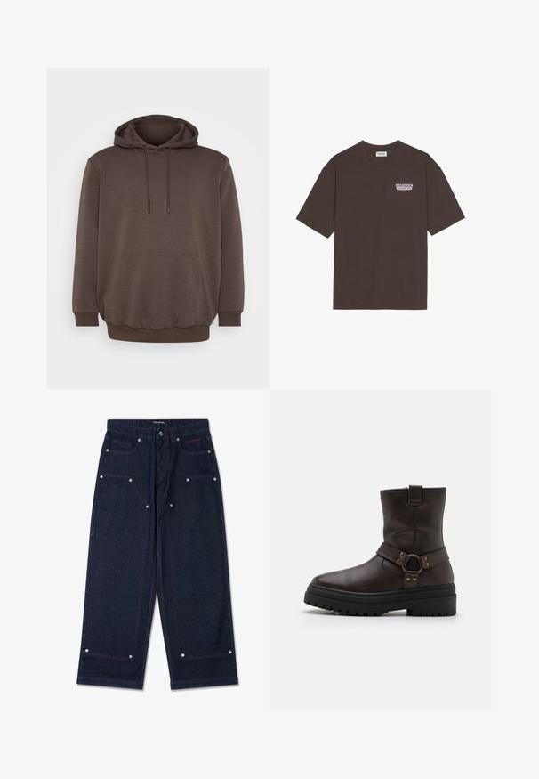 Hanorac maro din material moale, cu un buzunar frontal, șnururi și mansete și tiv cu nervuri. Design simplu, fără modele.; Tricou din bumbac maro cu o croială relaxată, mâneci scurte și un grafic mic "FRUCTE DELICIOASE ȘI REFRESHING" în alb și mov.; Pantaloni largi din denim închis, cu două buzunare frontale, detalii din metal argintiu și cusături contrastante roșii. Prezintă o închidere cu nasture și logo-ul mărcii.; Cizmă scurtă din piele maro cu vârf pătrat, detalii cu cataramă și o talpă groasă neagră. Are un fermoar lateral și o suprafață texturată.
