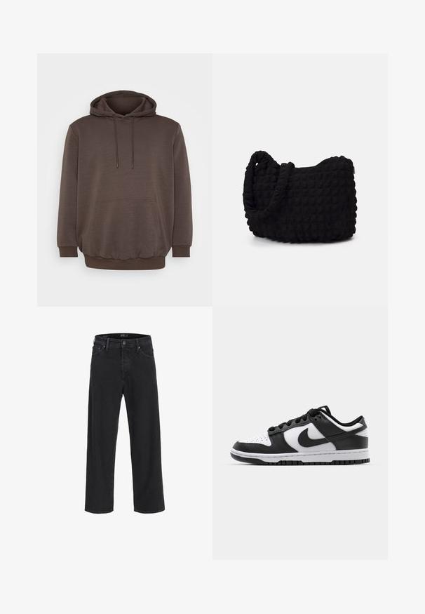 Felpa marrone realizzata in tessuto morbido, con tasca frontale, cordini e polsini e orlo a costine. Design semplice senza motivi.; Jeans in denim nero a gamba dritta con chiusura a bottone e zip, passanti per cintura e tasche anteriori e posteriori.; Sneakers Nike Dunk in bianco e nero con tomaia in pelle, punta perforata, lacci neri e suola in gomma nera con design della tacco.; Borsa in tessuto nero con un motivo trapuntato e texture. Forma arrotondata, manici corti e spessi, e una struttura morbida e flessibile.