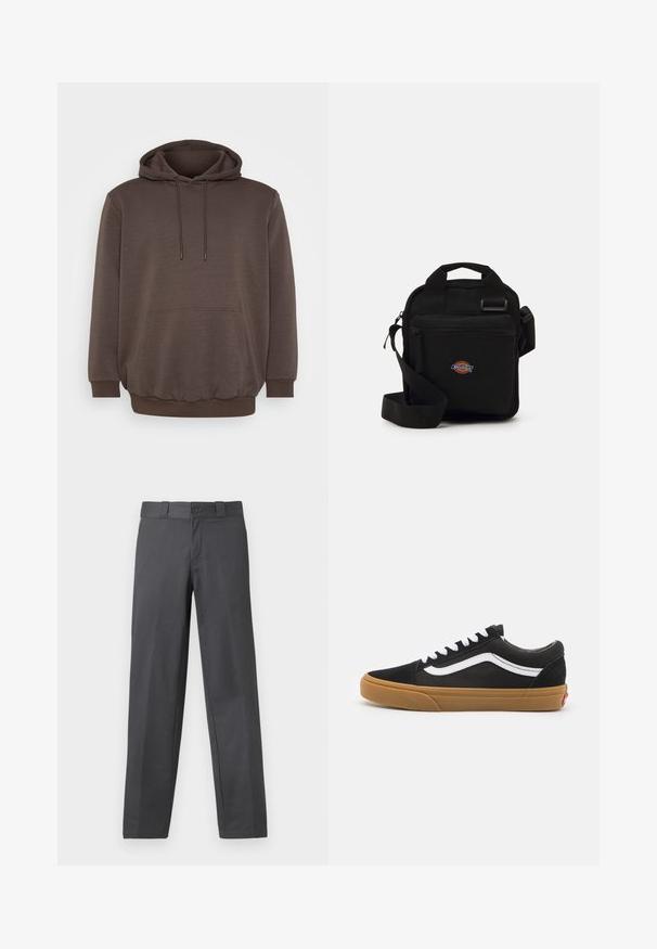 Hnedá mikina s kapucňou vyrobená z mäkkého materiálu, so predným vreckom, šnúrkami na stiahnutie a rebrovanými manžetami a lemom. Jednoduchý dizajn bez vzorov.; Sivé nohavice vyrobené z hladkej tkaniny, s rovnými nohavicami, zapínaním na gombík a pútkami na opasok; s minimálnymi švami a bez vzorov.; Čierne semišové tenisky s bielym bočným pruhom, bielymi šnúrkami a gumovou podrážkou. Klasický nízky dizajn s textúrovanými akcentmi a okrúhlou špičkou.; Čierna crossbody taška s našitým zipsovým vreckom, obdĺžnikový tvar, vyrobená z textílie, s logom na prednej strane, nastaviteľný ramenný popruh.