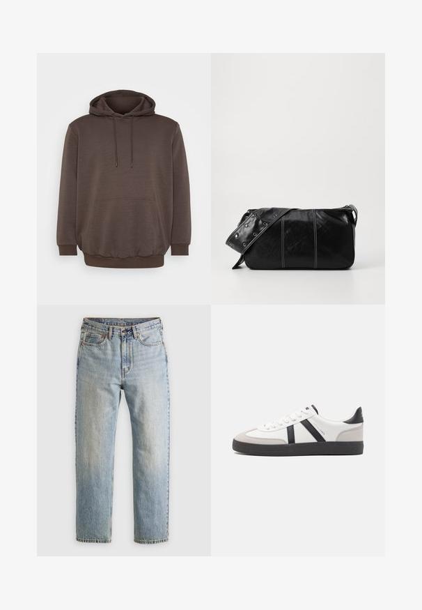 Brown hoodie made from soft fabric, featuring a front pocket, drawstrings, and ribbed cuffs and hem. Simple design without patterns.; Light blue denim jeans with high waist, front button, zipper, and five-pocket design, laid flat on a neutral background.; White sneaker with black and gray accents, featuring a textured gray toe cap, black rubber sole, and flat white laces. Clean design, minimalist style.; Black leather shoulder bag with a zip closure, featuring a textured body, white stitching, and a strap with silver grommets.