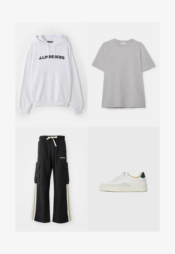 Balts kapuce džemperis ar priekšējo kabatu, ar aukliņu regulējamu kapuci un spilgti melnu tekstu "J. LINDEBERG" krūšu rajonā. Maiga auduma tekstūra.; Pelēks īsā piedurkņu T-krekls, kas izgatavots no mīkstas, teksturētas auduma. Tam ir klasiskā apļa kakla izgriezums un taisna apakšmalā, piemērots ikdienas valkāšanai.; Melni kravas bikses ar elastīgu jostasvītru un auklu, ar krēmkrāsas sānu svītrām, vairākām kabatām un logotipa detaļu priekšpusē.; Baltas sneakers ar zamša akcentiem, noapaļota purngala, plakaniem auklām un krēmkrāsas gumijas zoli. Ar zaļu zīmolu uz papēža.