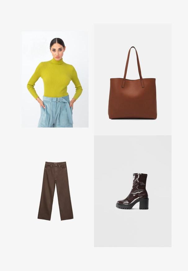 Rebrast pulover s turtleneck ovratnikom v svetlo zeleni barvi, z dolgimi rokavi. Ujemajoče se z visokimi svetlo modrimi hlačami z vezanim pasom.; Široke rjave kavbojke iz denima, ki imajo visok pas, sprednje žepe in klasično zapiranje na gumb. Gladka tekstura s subtilnim šivom.; Sijajan škrlatank z bleščečim videzom, z masivnim črnim peto, ki se ponaša z gladko teksturo in preprostim dizajnom. Brez vidnih zapenjal ali vzorcev.; Rjava usnjena torba z gladko teksturo, odprto zasnovo zgoraj in dvema naramnima trakovoma. Opremljena je z minimalnim šivanjem in brez vidnih kovinskih delov.