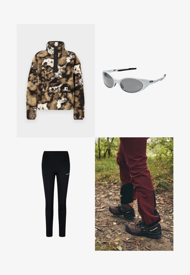 Fleecepullover i brunt, svart och krämfärgat med en fjärdedels dragkedja, fyra svarta knappar fram, framficka och logopatch på nedre vänstra sidan.; Svarta leggings i stretchmaterial med hög midja och en liten logotyp på vänster lår, designade för komfort och rörlighet.; Bruna vandringskängor med svarta accenter och slitstarka sulor, i kombination med vinröda vattentäta byxor med svarta sidopaneler och dragkedjor.; Vita plastsolglasögon med stora ovala linser, gråtonade. Har svarta örongrepp och en liten logotyp på ramen. Slät yta.; Salomon ACTIVE SKIN 12 SET UNISEX - Vätskeryggsäck - black; Svarta handskar tillverkade av ett strukturerat tyg, med fingersegmentation och en beröringskänslig fingertopp. "SALOMON"-logotyp i vitt på sidan.