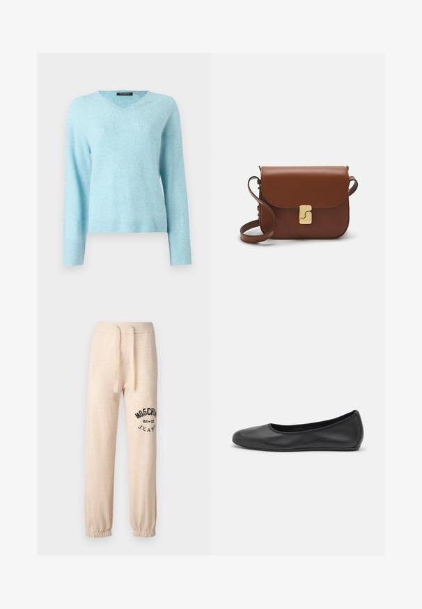 Light blue v-neck sweater made of soft, textured knit fabric. Features long sleeves and ribbed cuffs and hem. Simple, unembellished design.; Beige sweatpants with elastic cuffs and waistband. Features a black printed logo "MOSCHINO 86 ❤ 23 JEANS" on the left thigh. Soft texture.; Black leather ballet flat with a rounded toe, smooth texture, minimal stitching detail, and a flexible sole design.; Brown leather handbag with a flap closure, gold-tone hardware, a shoulder strap, and a smooth texture. Compact rectangular shape.