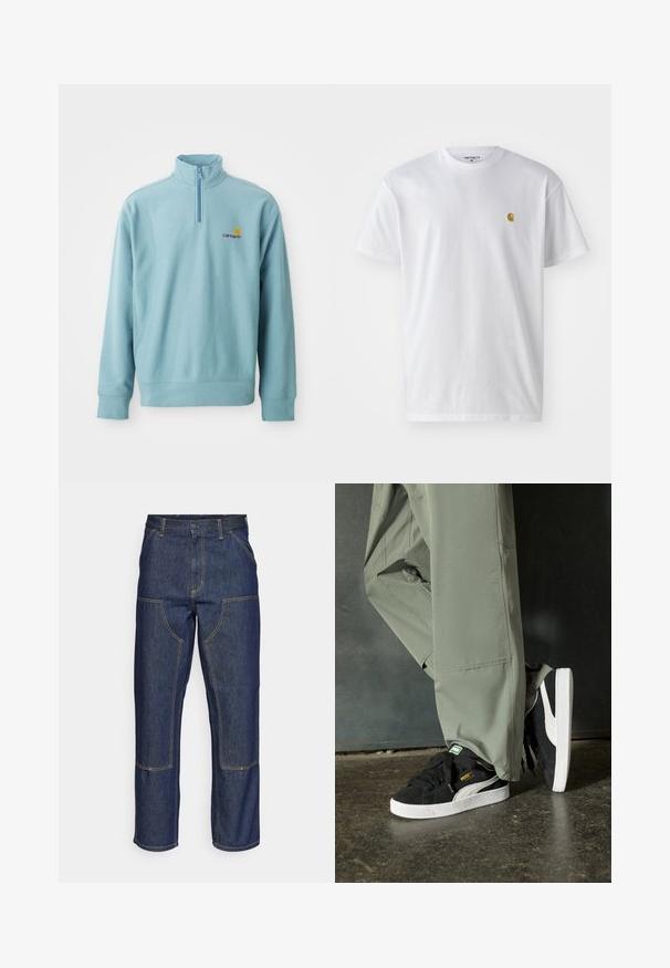 Pullover azzurro chiaro a maniche lunghe con collo a mezzo zip e piccolo logo Carhartt arancione e marrone sul lato sinistro del petto.; T-shirt bianco in cotone con maniche corte, con colletto girocollo, caratterizzato da un piccolo logo dorato sulla parte sinistra del petto. Tessuto morbido e vestibilità regolare.; Jeans in denim blu scuro con vita alta, design a gamba dritta, cuciture a contrasto e tasche applicate sulla parte frontale.; Sneaker in suede nero con suole in gomma bianca e strisce laterali, abbinate a pantaloni cargo verde chiaro, in piedi su una superficie scura e texture.
