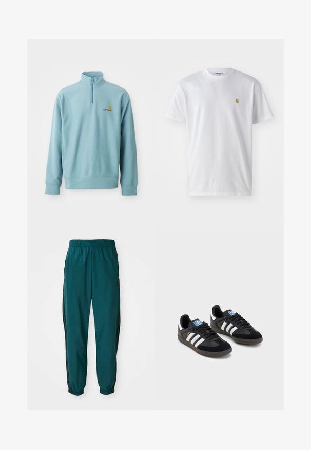 Pull-over bleu clair à manches longues avec col zippé moitié et petit logo Carhartt orange et marron sur la poitrine gauche.; T-shirt en coton blanc à manches courtes, col rond, avec un petit logo doré sur la poitrine gauche. Texture douce et coupe régulière.; Pantalons de sport turquoise avec une taille à cordon de serrage, des poignets élastiques et des rayures noires sur les côtés. Fabriqués en tissu léger, avec un logo près des hanches.; Des baskets noires avec une tige en suède et en matériaux synthétiques, dotées de trois rayures blanches, d'une semelle en caoutchouc texturé et d'une étiquette de logo bleue sur la languette.