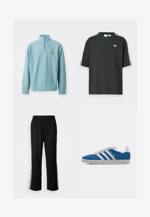 Light blue long-sleeve pullover with half-zip collar and small orange and brown Carhartt logo on left chest.; Black cotton t-shirt with short sleeves, crew neckline, and white three-stripe detailing on shoulders. Features a small white logo on chest.; Black athletic pants with an elastic waistband, featuring white side stripes and a small logo. Material appears soft and lightweight.; adidas Originals ADIDAS GAZELLE SHOES - Indoor football boots - real madrid/bluebird/footwear white/crew yellow