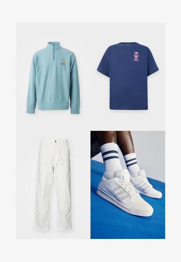 Pull-over bleu clair à manches longues avec col zippé moitié et petit logo Carhartt orange et marron sur la poitrine gauche.; T-shirt en coton bleu marine à manches courtes, col rond, avec un design graphique rose représentant le logo Adidas et un motif d'ananas sur la poitrine.; Pantalons cargo en coton blanc avec une coupe décontractée. Les caractéristiques incluent des poches avant, des accents en métal doré et des sections de genoux renforcées.; Baskets en cuir blanc avec des accents perforés, trois bandes métalliques et un panneau latéral texturé. Portées avec des chaussettes blanches ornées de rayures bleues.