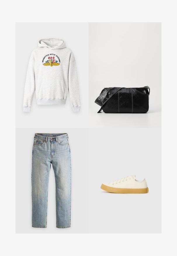 Hanorac gri dintr-un amestec moale de bumbac. Include o buzunar frontal, mansete ribbate și un logo colorat al Indianapolis Motor Speedway pe piept.; Jeans din denim de culoare albastru deschis, cu talie înaltă, nasture frontal, fermoar și design cu cinci buzunare, așezate platesc pe un fundal neutru.; Tenisi din pânză de culoare albă murdară, cu vârf rotund, dotati cu talpă din cauciuc bej și cinci găuri pentru șireturi, cu un finisaj texturat pe partea superioară.; Geantă de umăr din piele neagră cu închidere cu fermoar, având un corp texturat, cusături albe și o curea cu ochiuri argintii.